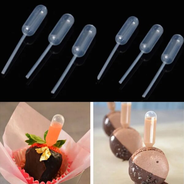 Compte-gouttes de paille jetable pour pâtisserie. Montre sur une moitié de la photo les compte-gouttes sur fond noir et sur une autre moitié son utilsation sur des pâtisserie.